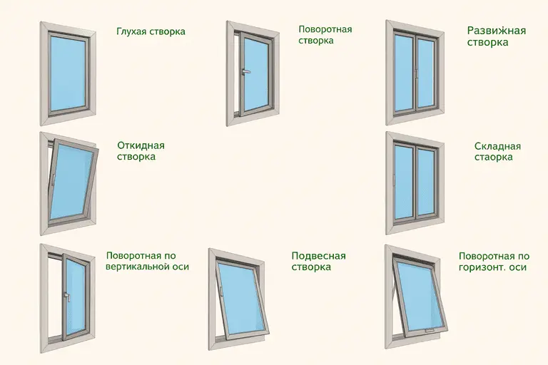 Схема вариантов створок открывания окна