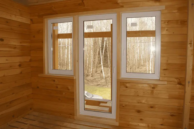 Белые пластиковые окна и дверь, установленные в деревянном доме из бруса, вид изнутри
