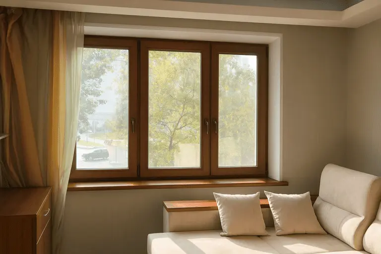 Пластиковые окна с ламинацией под дерево, диван и подушки, солнечный день