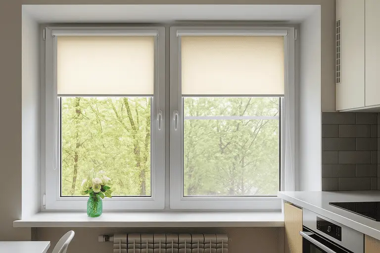 Светлая кухня с белыми окнами, бежевыми рулонными шторами и вазой с цветами на подоконнике