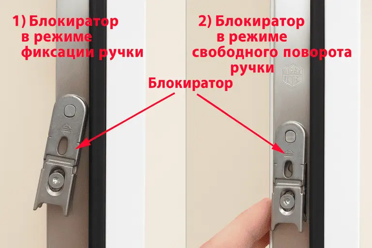 Цапфы пластикового окна в разных положениях: летний и зимний прижим, настройка плотности закрытия створки