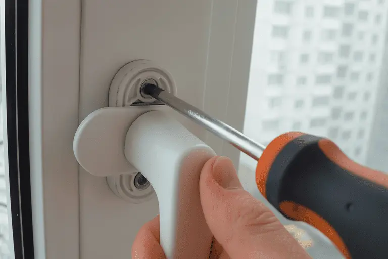 Человек подтягивает винты ручки пластикового окна крестовой отвёрткой, чтобы устранить люфт