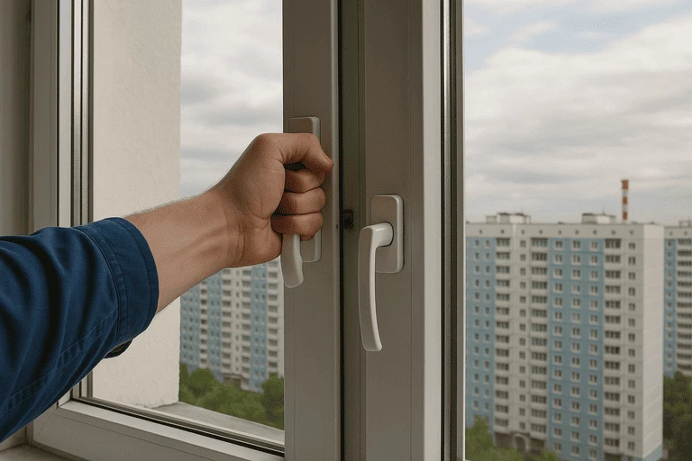 Мужчина проверяет, плотно ли закрыто пластиковое окно, поворачивая ручку в положение «закрыто»