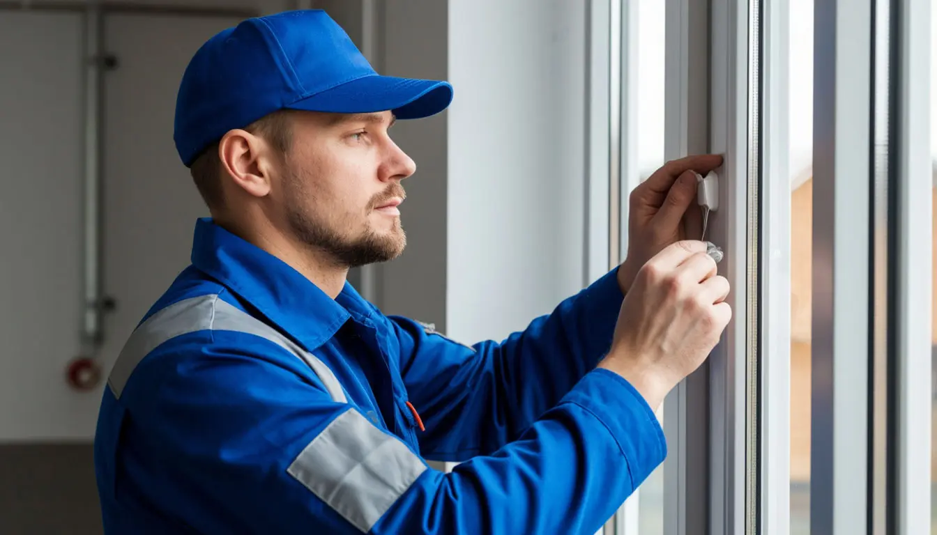 Мастер в синей спецодежде регулирует створку окна шестигранным ключом