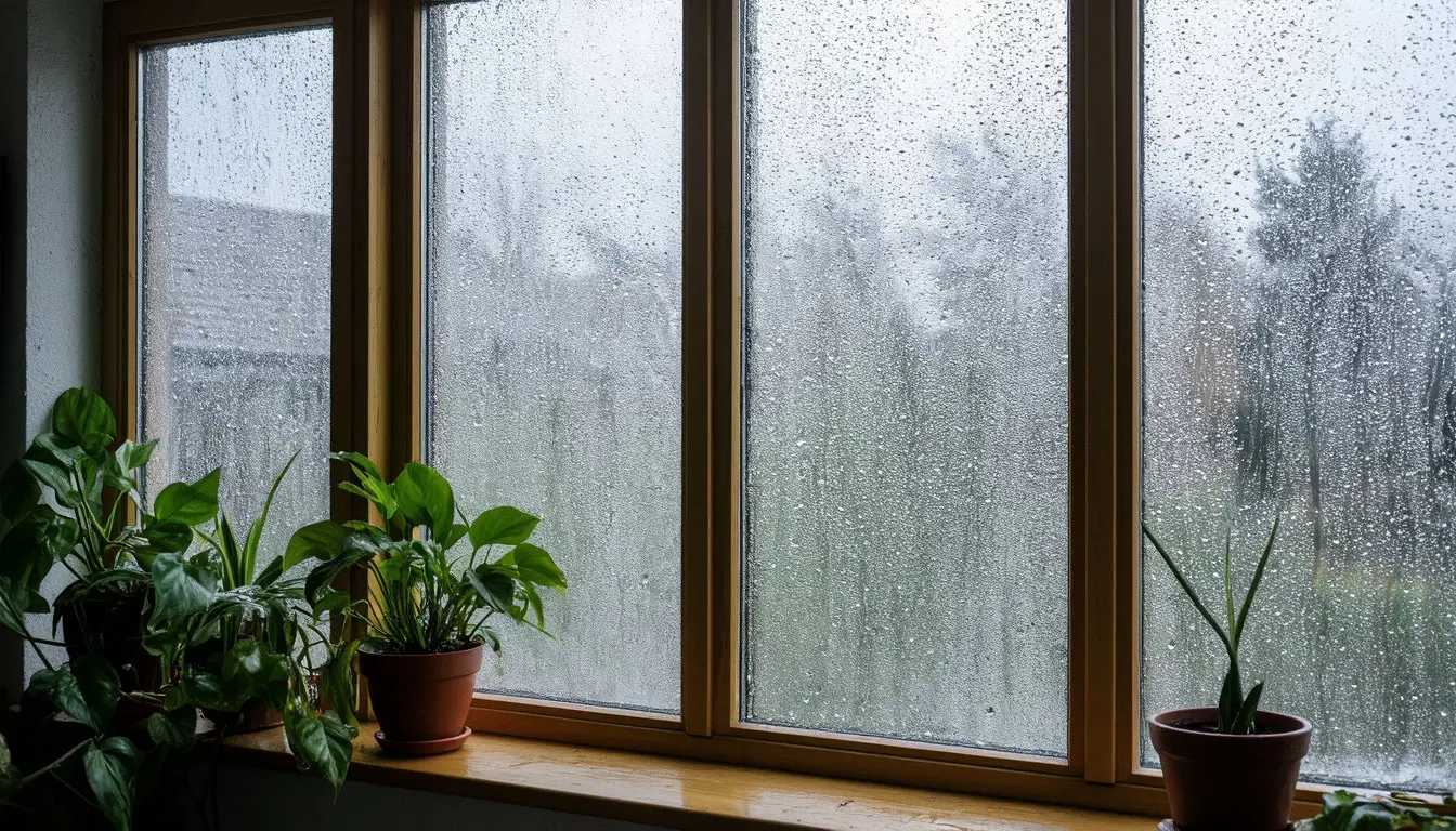 Запотевшие окна с каплями воды, вид изнутри, комнатные растения на подоконнике