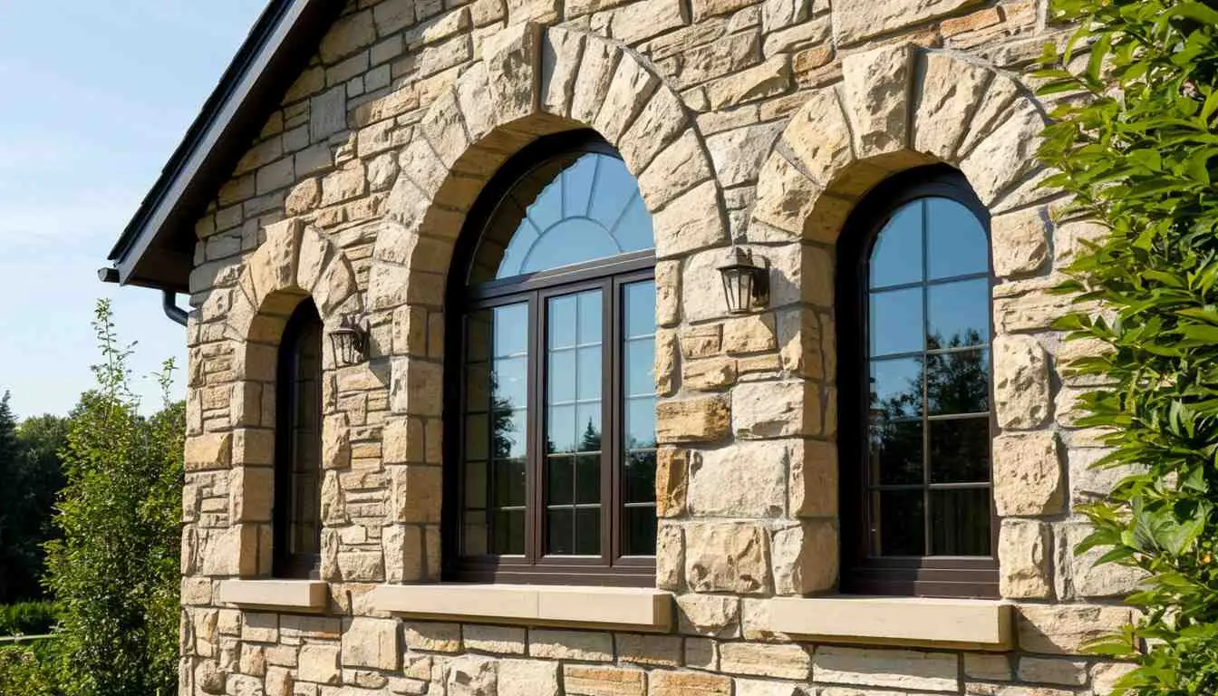 Каменный фасад дома с тремя арочными окнами и тёмными переплетами